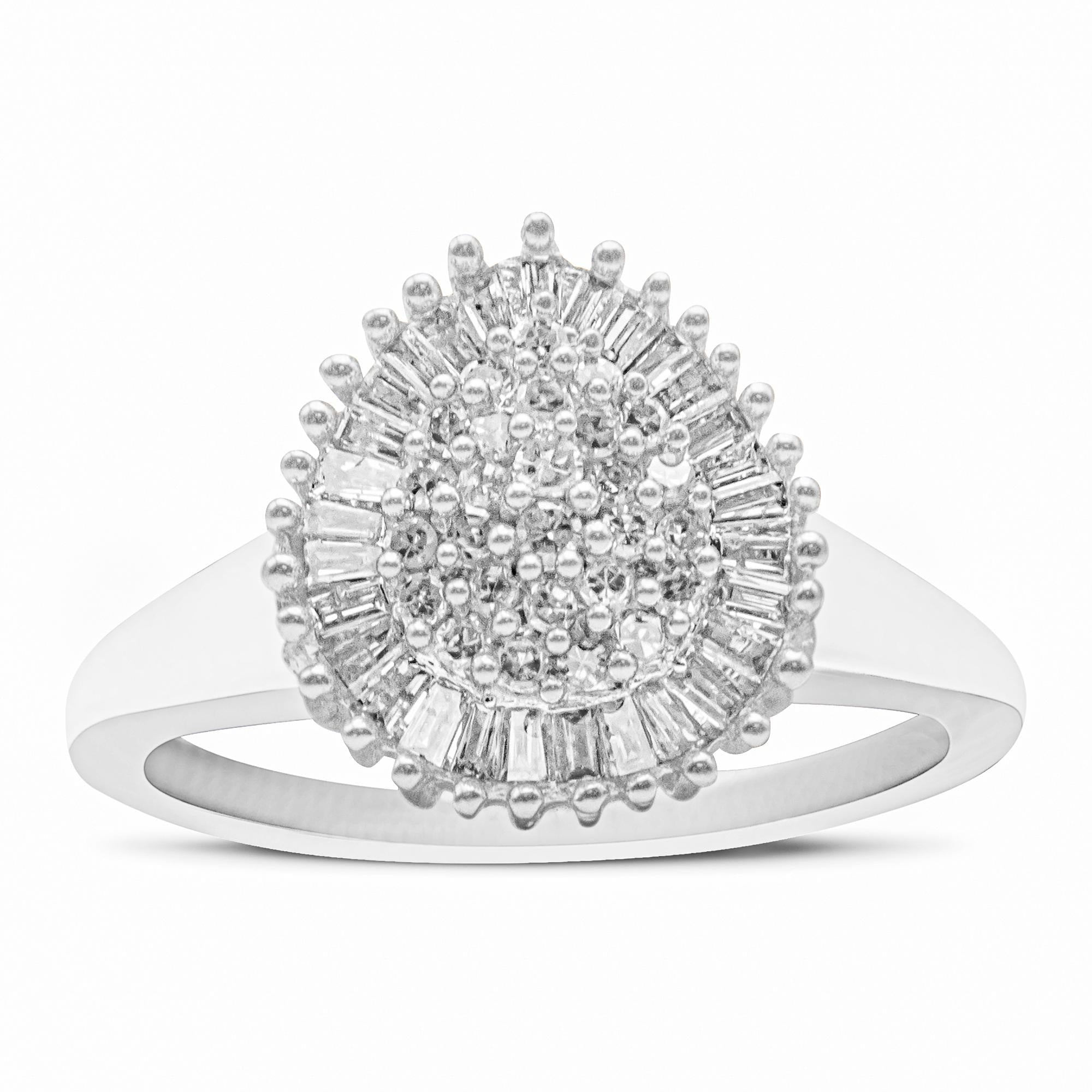 10K White Gold 1/2 Cttw Round & Baguette Cut Diamond Pear Shaped Domed Pavé Cluster with Halo Cocktail Ring (H-I Color, SI1-SI2 Clarity)-0