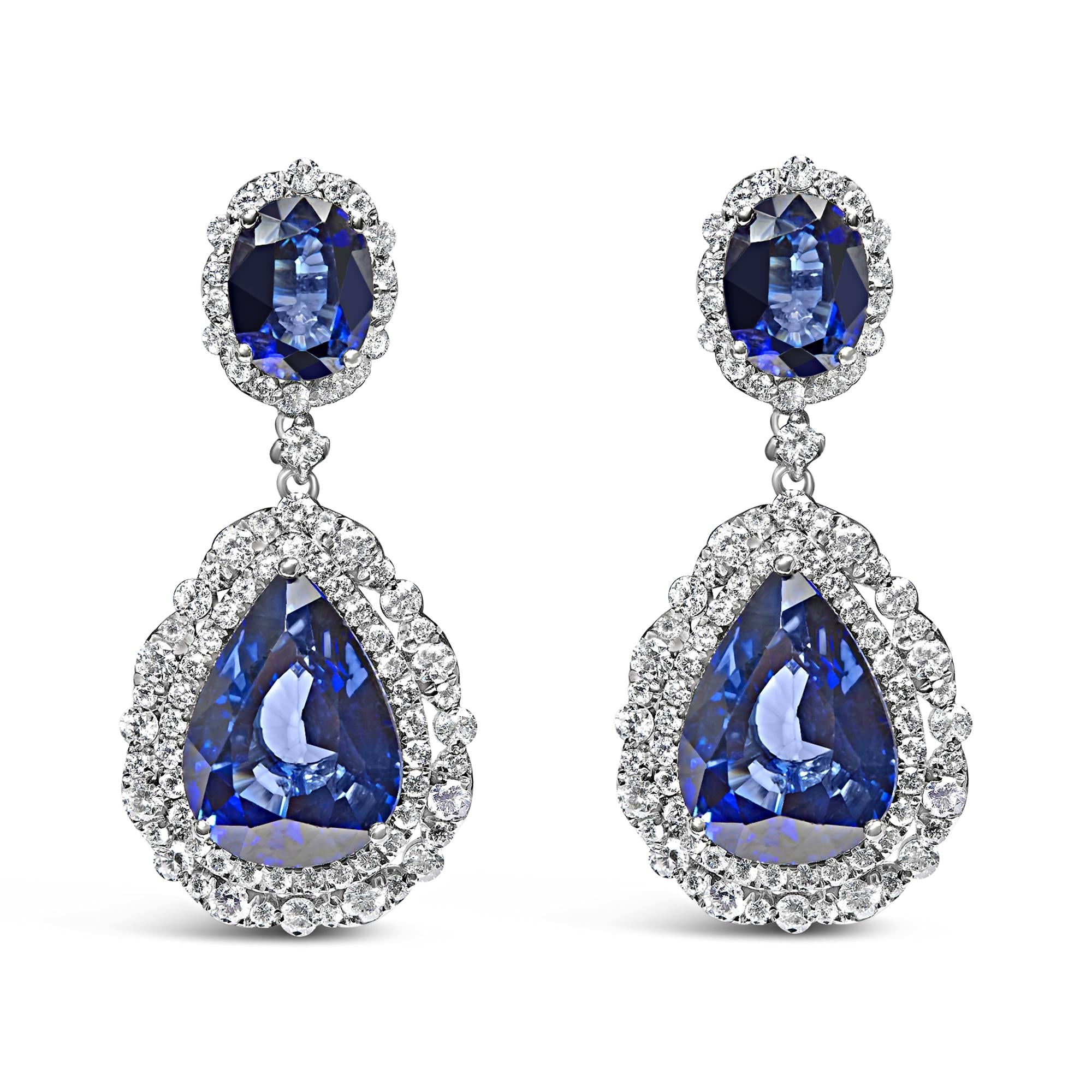 18K White Gold Blue Sapphire 2 3/4 Cttw Diamond Halo Drop Dangle Earring (G-H Color, SI1-SI2 Clarity)-0