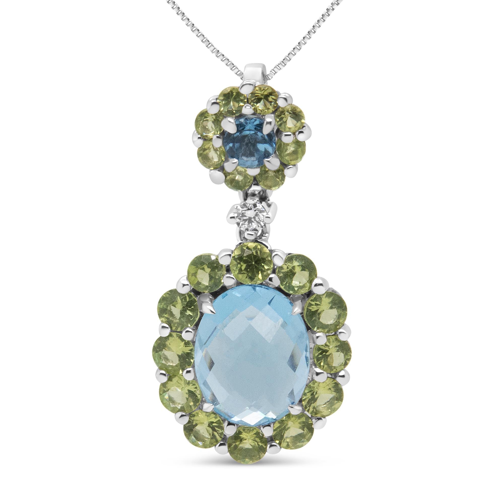 18k White Gold Halo Diamond Blue Topaz Peridot Pendant Necklace-0