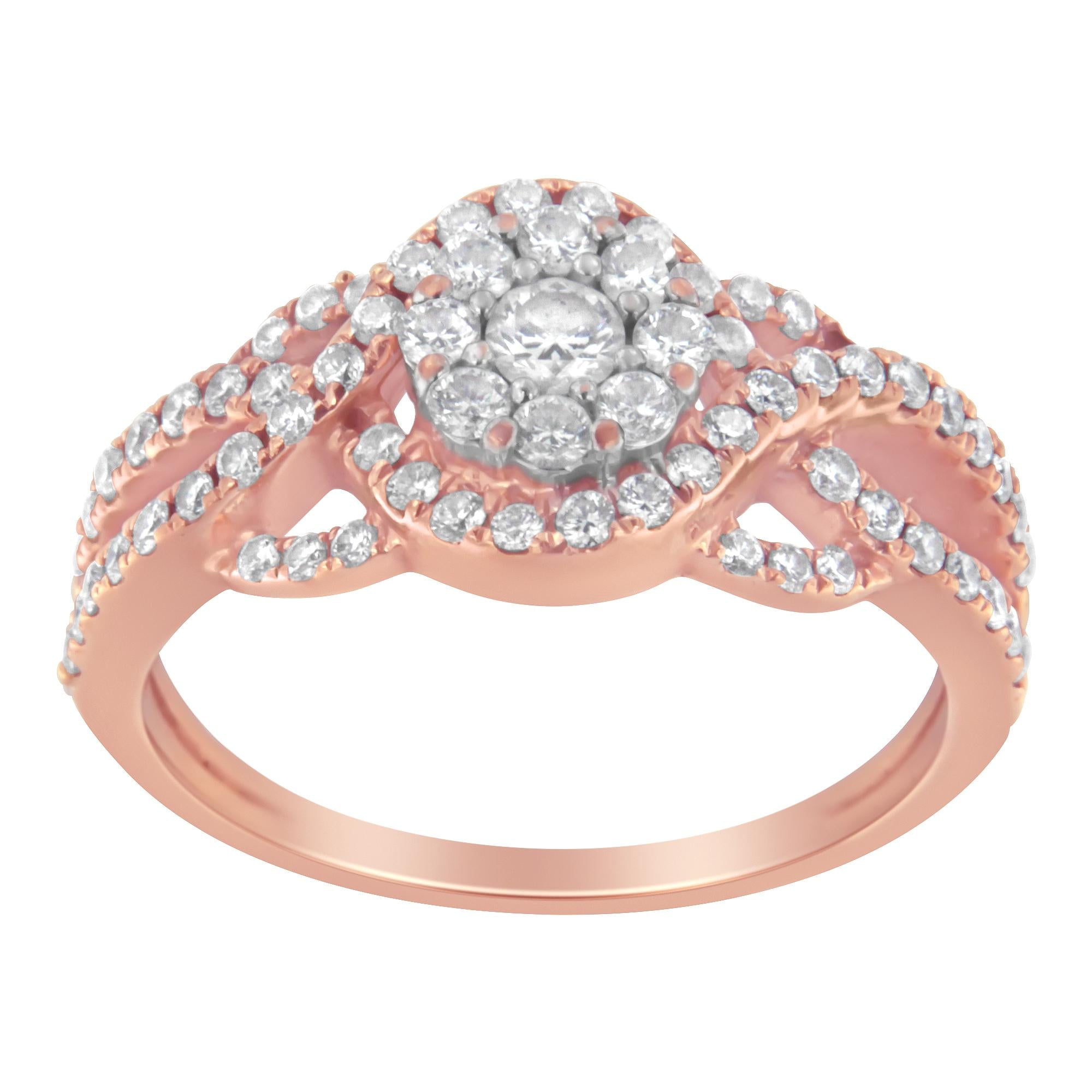 10K Rose Gold 3/4 Cttw Diamond Floral Cluster Head and Twisted Shank Cocktail  Ring (H-I Color, SI1-SI2 Clarity)--1