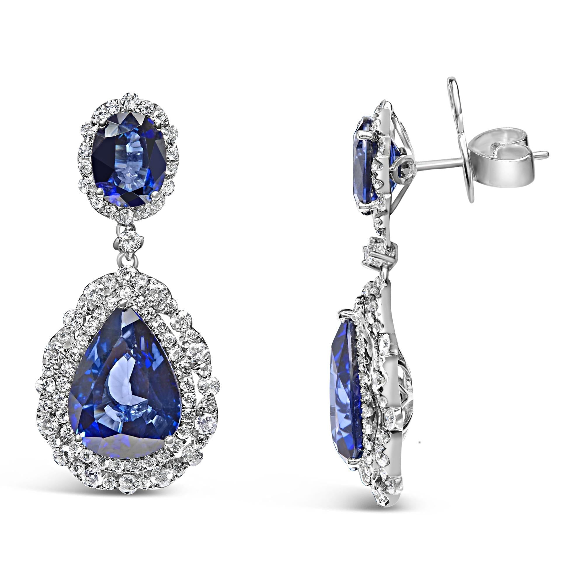 18K White Gold Blue Sapphire 2 3/4 Cttw Diamond Halo Drop Dangle Earring (G-H Color, SI1-SI2 Clarity)-1