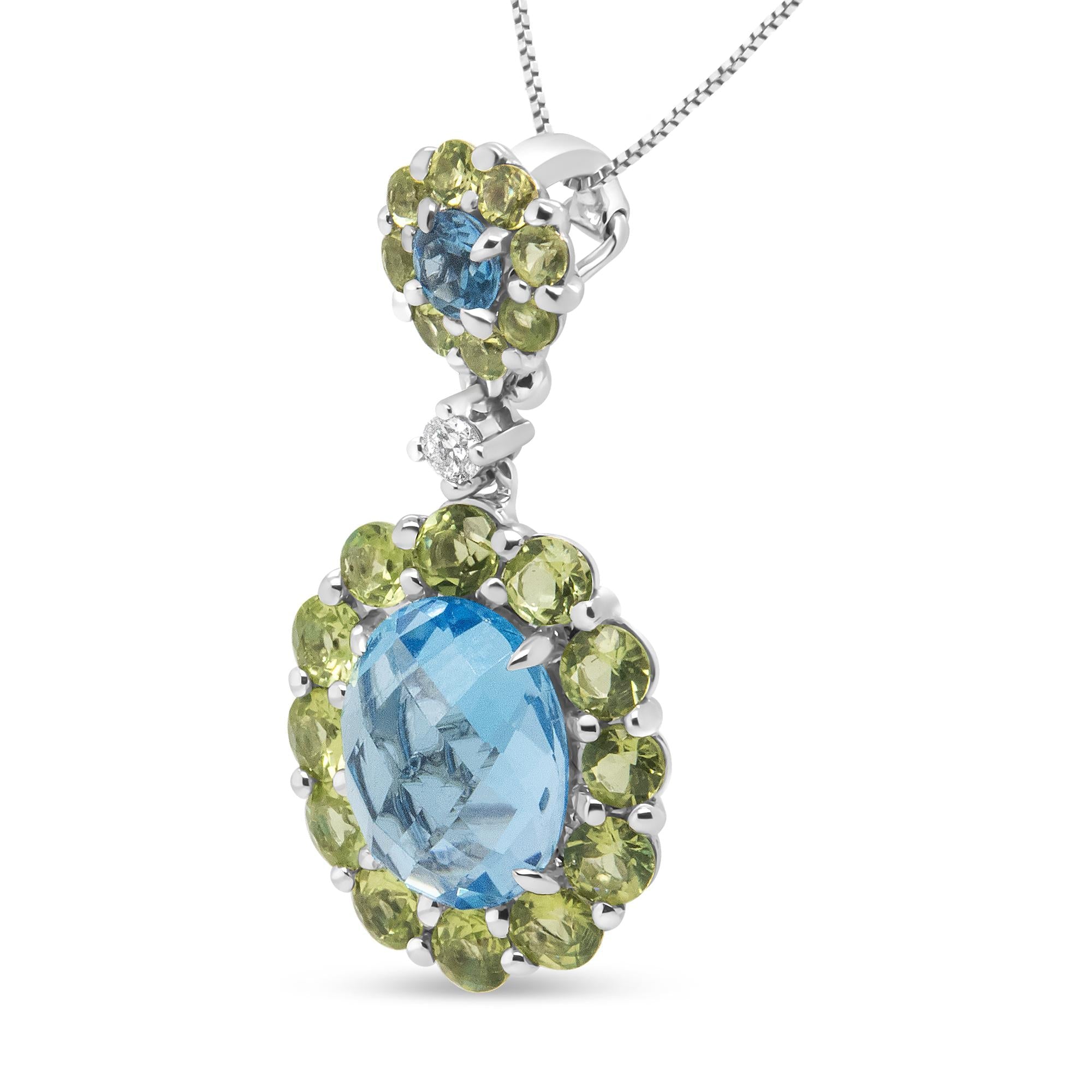 18k White Gold Halo Diamond Blue Topaz Peridot Pendant Necklace-1