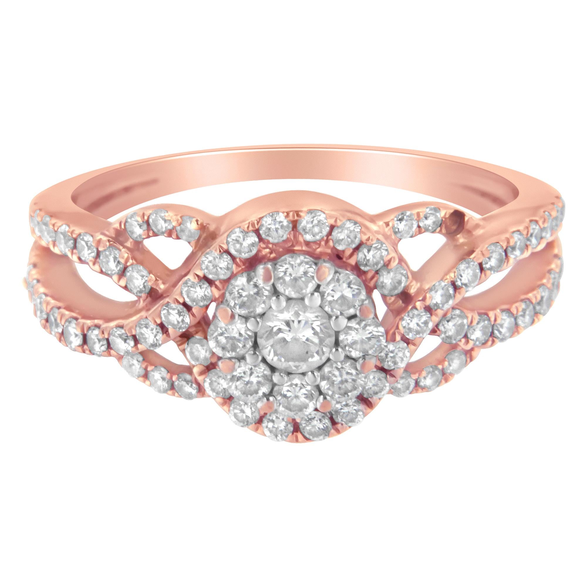 10K Rose Gold 3/4 Cttw Diamond Floral Cluster Head and Twisted Shank Cocktail  Ring (H-I Color, SI1-SI2 Clarity)--2