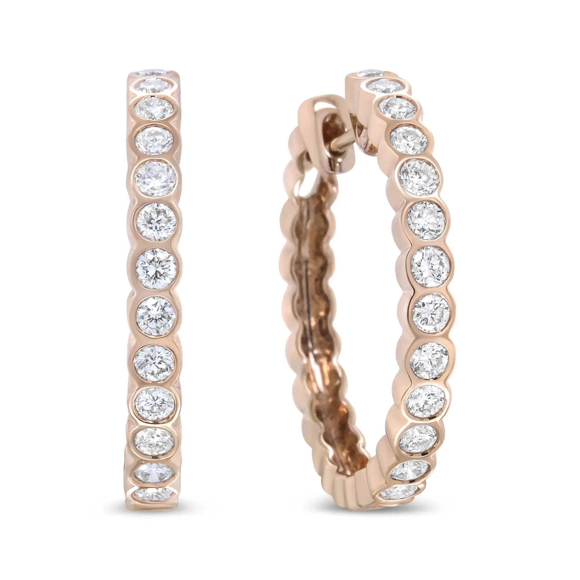 18K Rose Gold Round Diamond Bezel Set Hoops 25mm Infinite Jewels