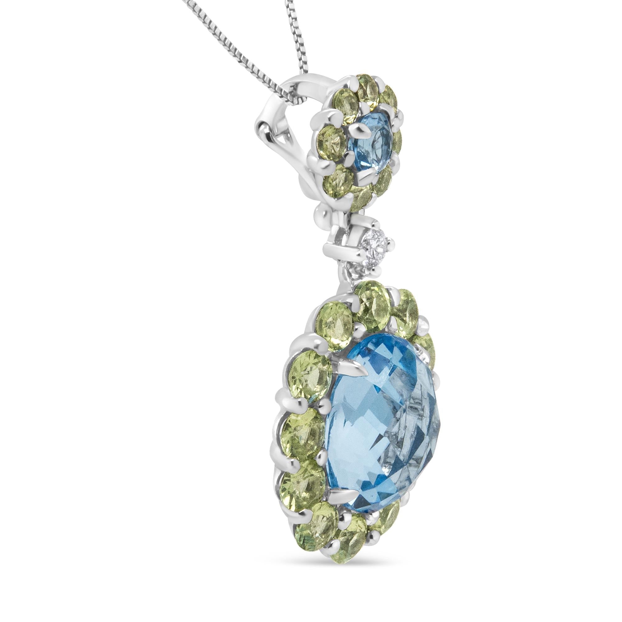 18k White Gold Halo Diamond Blue Topaz Peridot Pendant Necklace-2