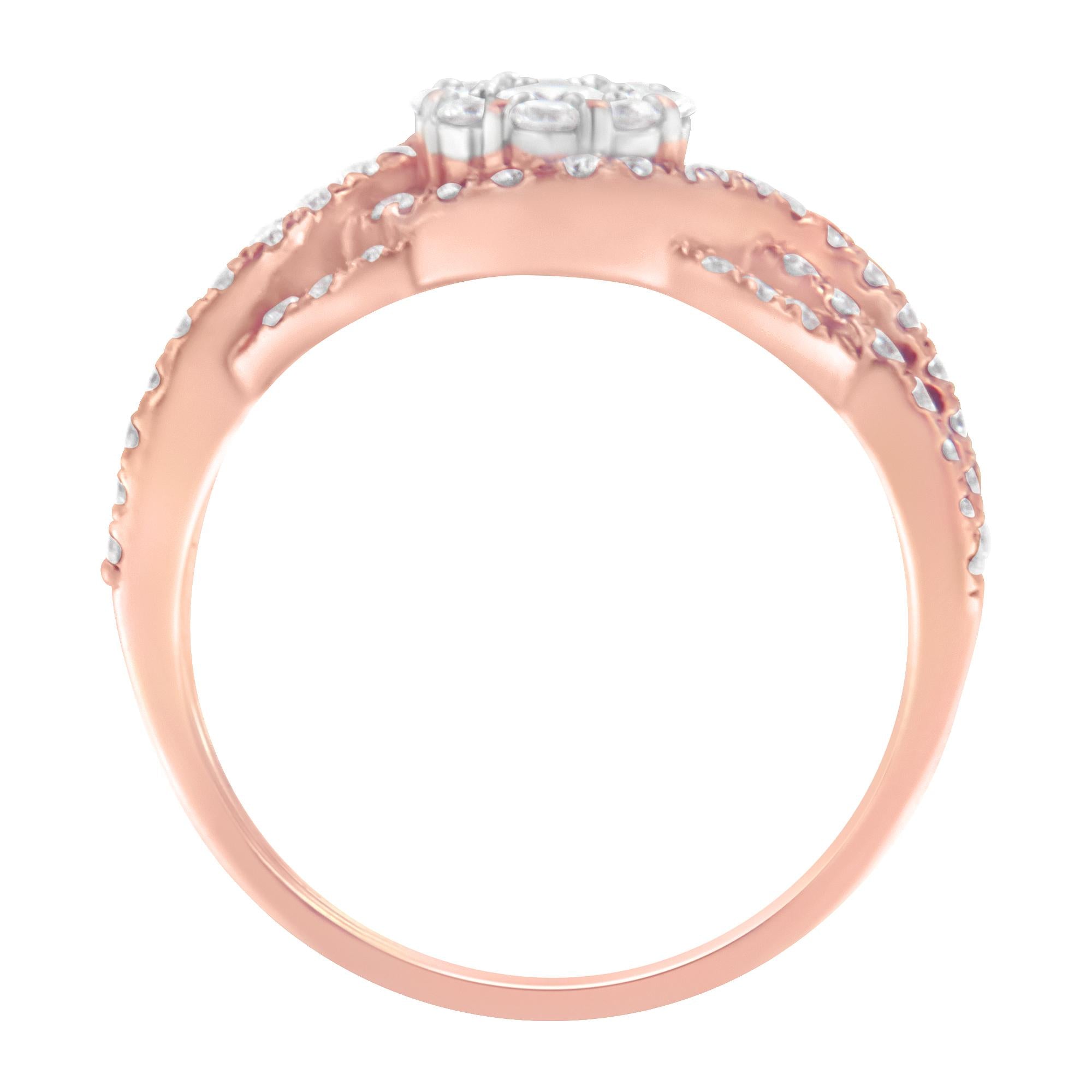 10K Rose Gold 3/4 Cttw Diamond Floral Cluster Head and Twisted Shank Cocktail  Ring (H-I Color, SI1-SI2 Clarity)--3