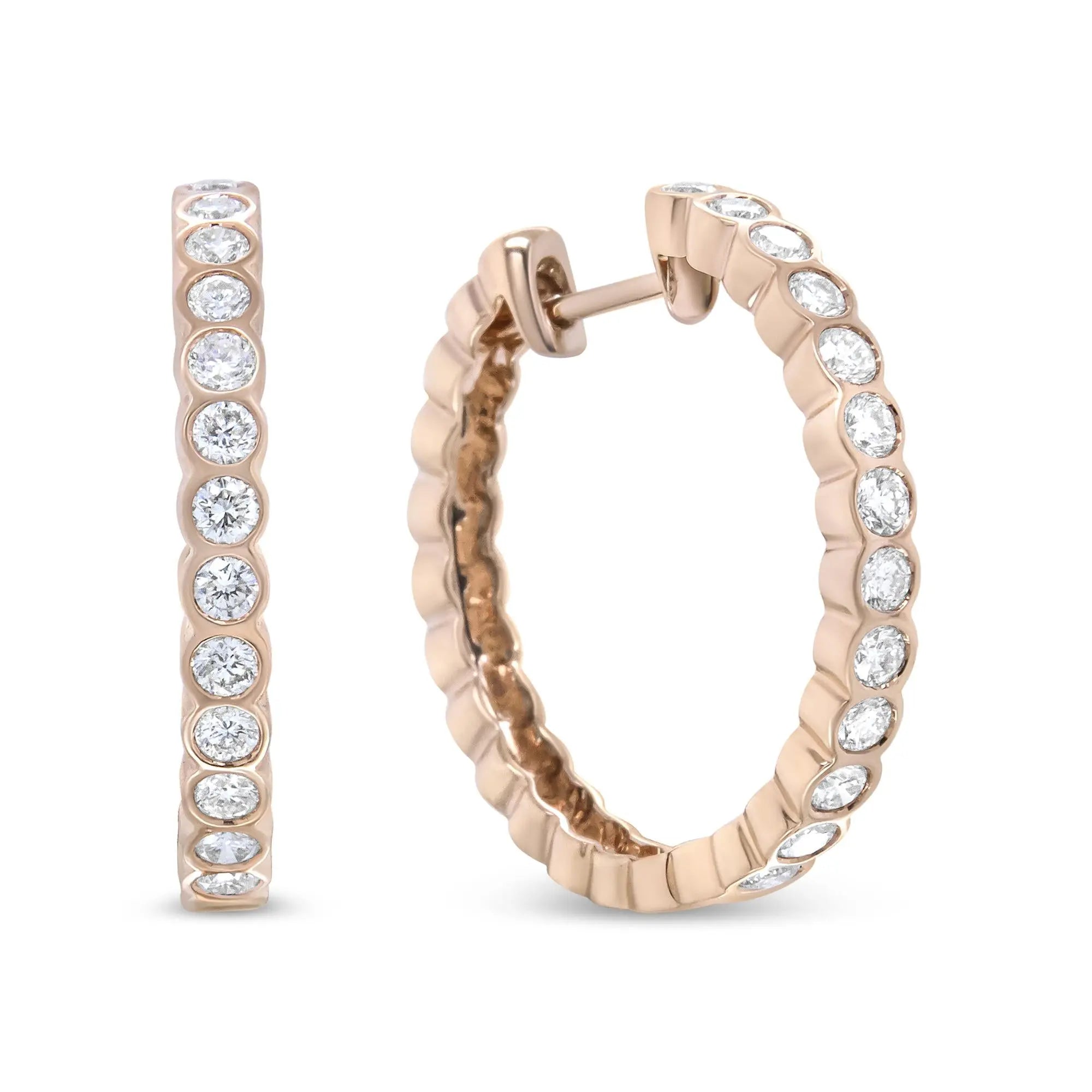 18K Rose Gold Round Diamond Bezel Set Hoops 25mm Infinite Jewels