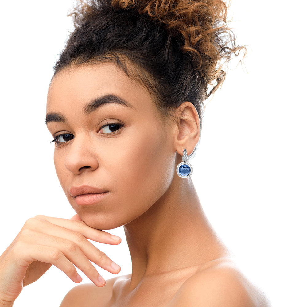 Blue Topaz Diamond Dangle Earrings 18K Gold Bezel Setting-3