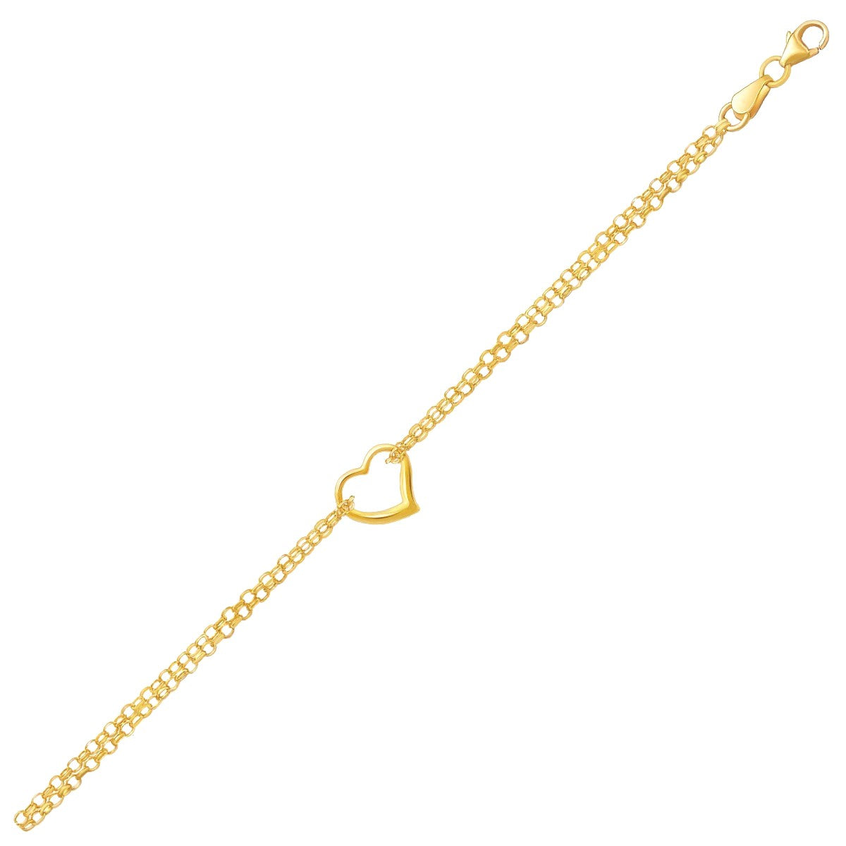 14k Yellow Gold Double Rolo Chain Anklet with an Open Heart Station Anklets RCJ