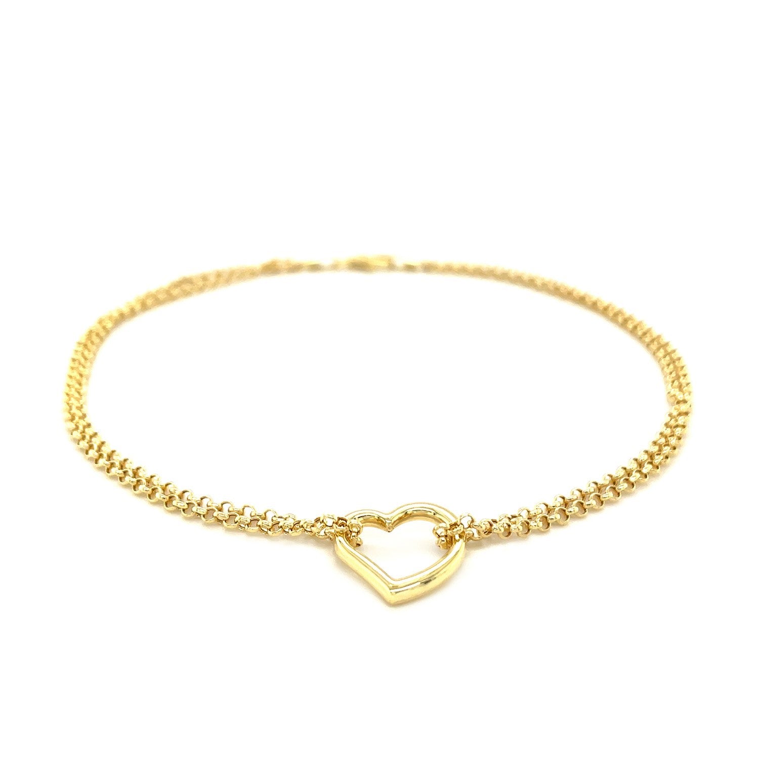 14k Yellow Gold Double Rolo Chain Anklet with an Open Heart Station Anklets RCJ