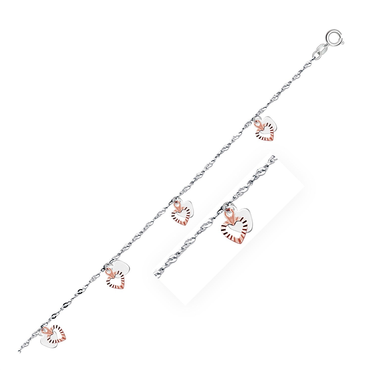 14k White and Rose Gold Anklet with Dual Heart Charms Anklets RCJ