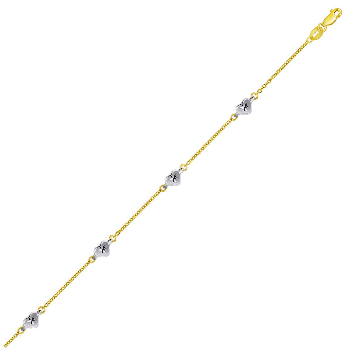 14k Two Tone Gold Anklet with Diamond Cut Heart Style Stations Anklets RCJ