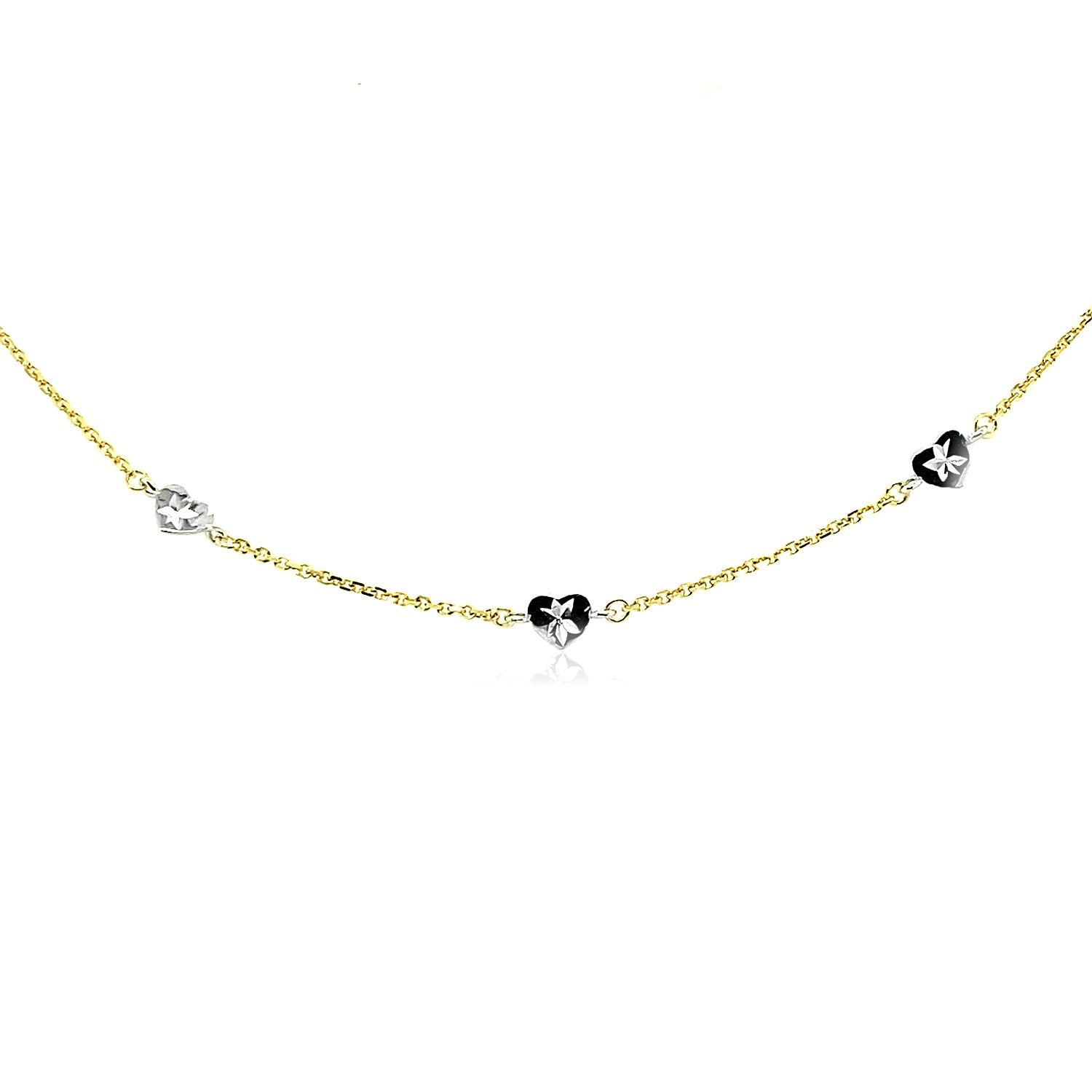 14k Two Tone Gold Anklet with Diamond Cut Heart Style Stations Anklets RCJ