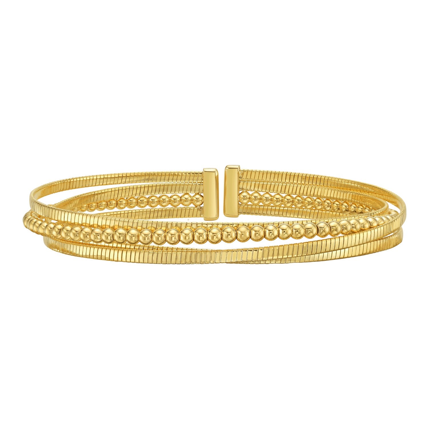 14K Yellow Gold Polished Omega And Beaded Layered Cuff (7.80 mm) Bangles RCJ