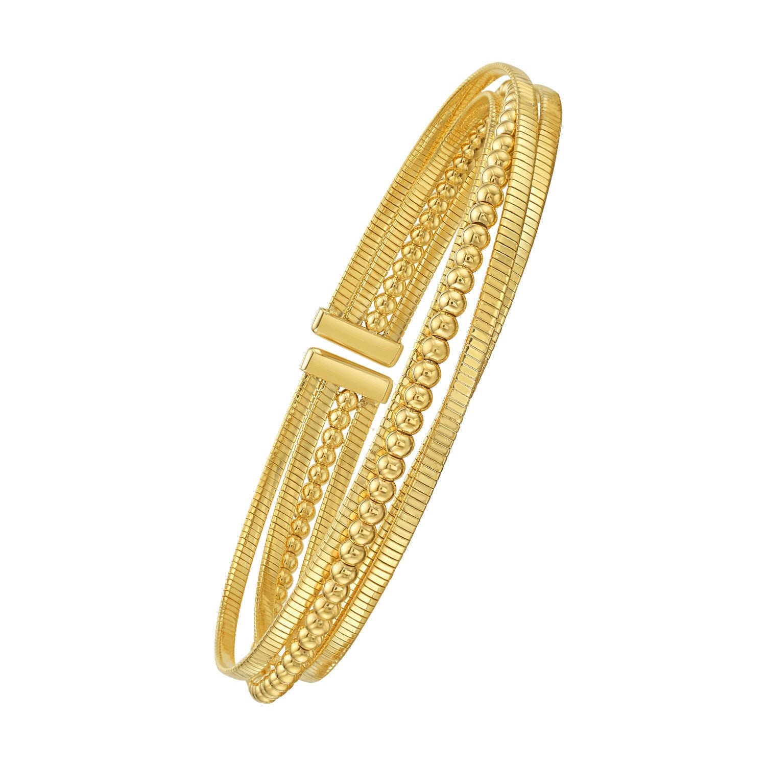 14K Yellow Gold Polished Omega And Beaded Layered Cuff (7.80 mm) Bangles RCJ