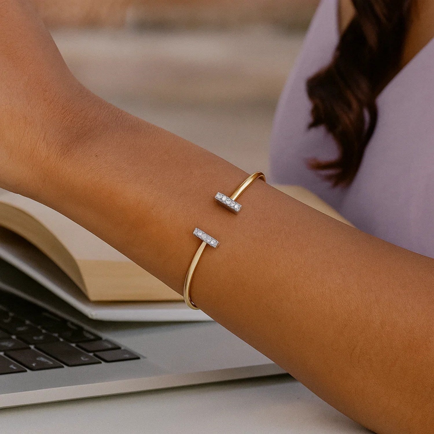 14k Two Tone Gold Diamond Tee Bar Bangle (2.00 mm) Bangles RCJ