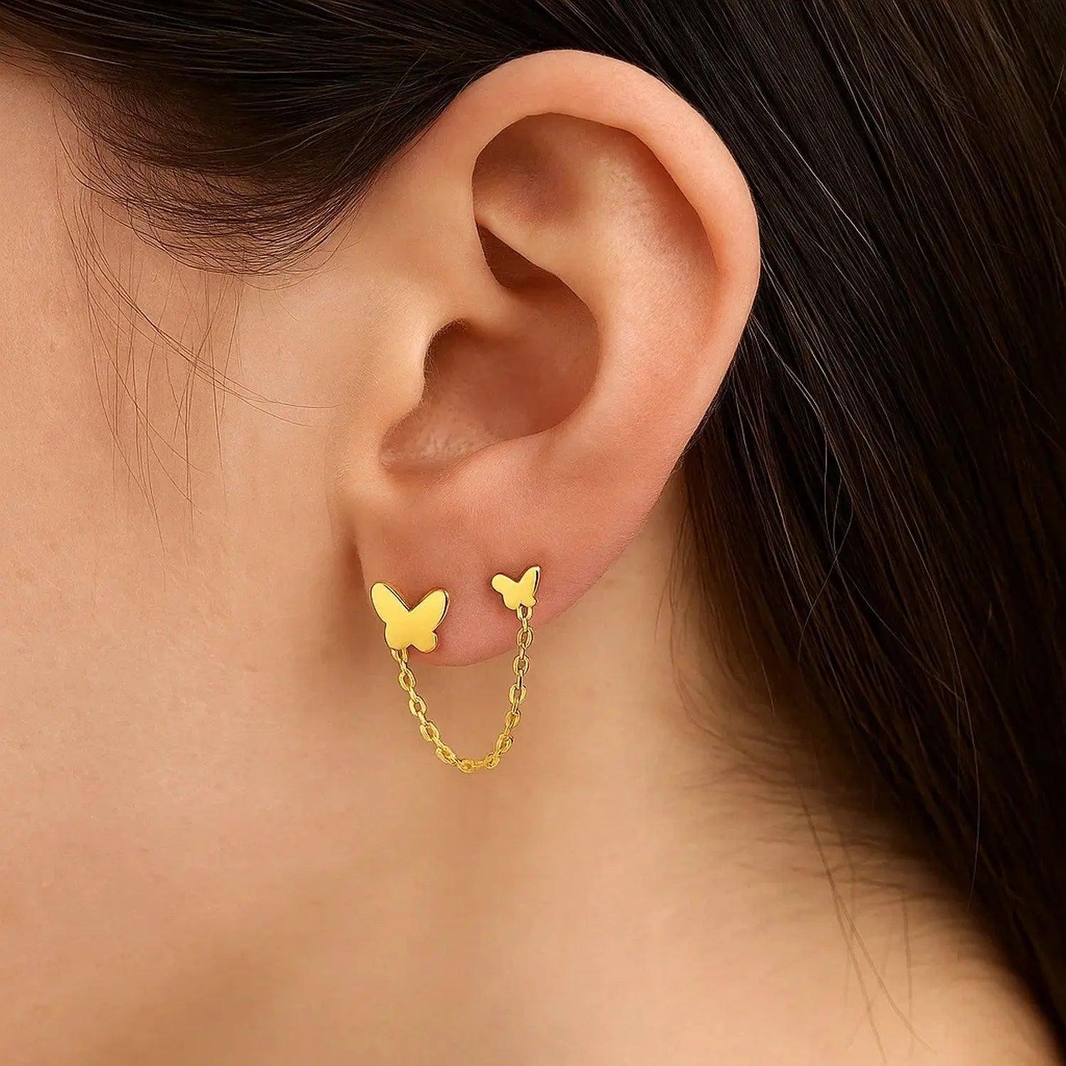 14k Yellow Gold Two Hole Post Earrings with Butterflies RCJ