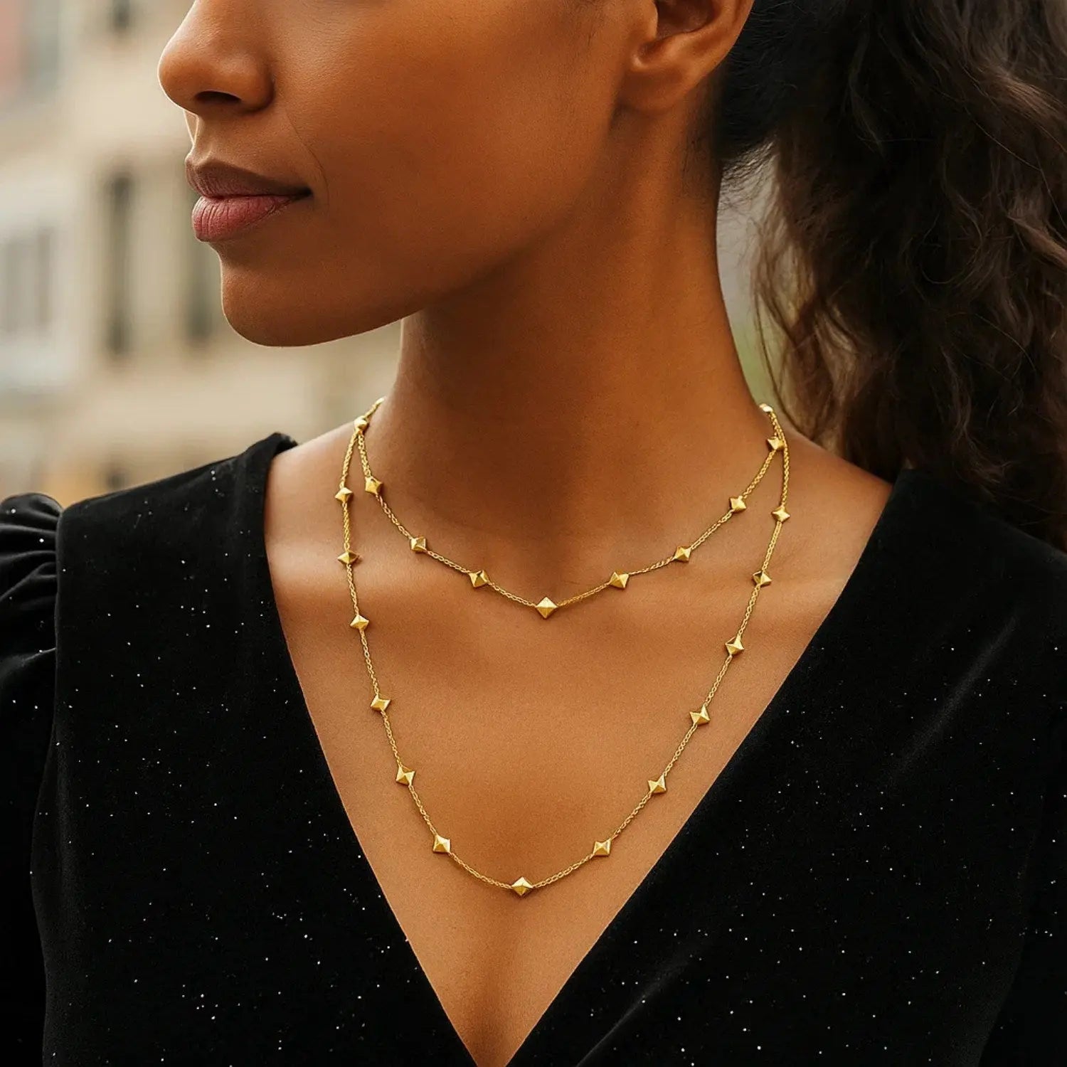 Pyramid Station Layered Necklace in 14K Yellow Gold RCJ