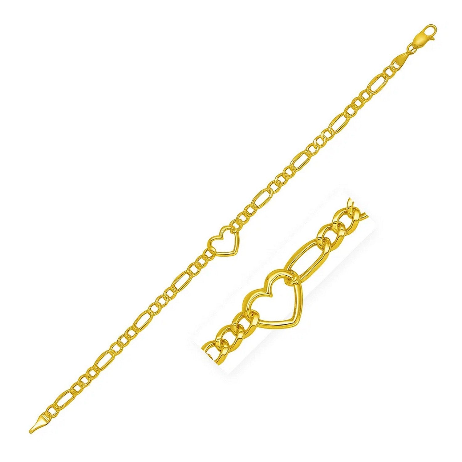 14k Yellow Gold 7 inch Figaro Chain Bracelet with Heart (4.50 mm) Bracelets RCJ