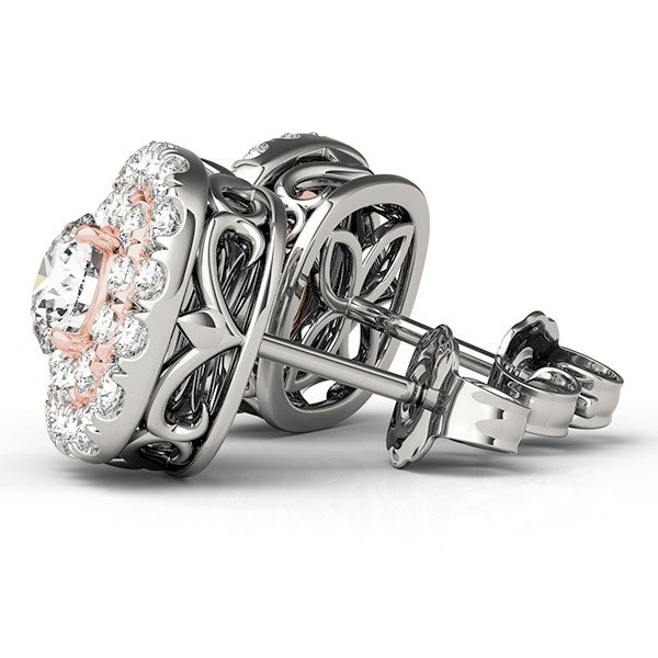 14k White and Rose Gold Cushion Shape Halo Diamond Earrings (3/4 cttw) Earrings RCJ