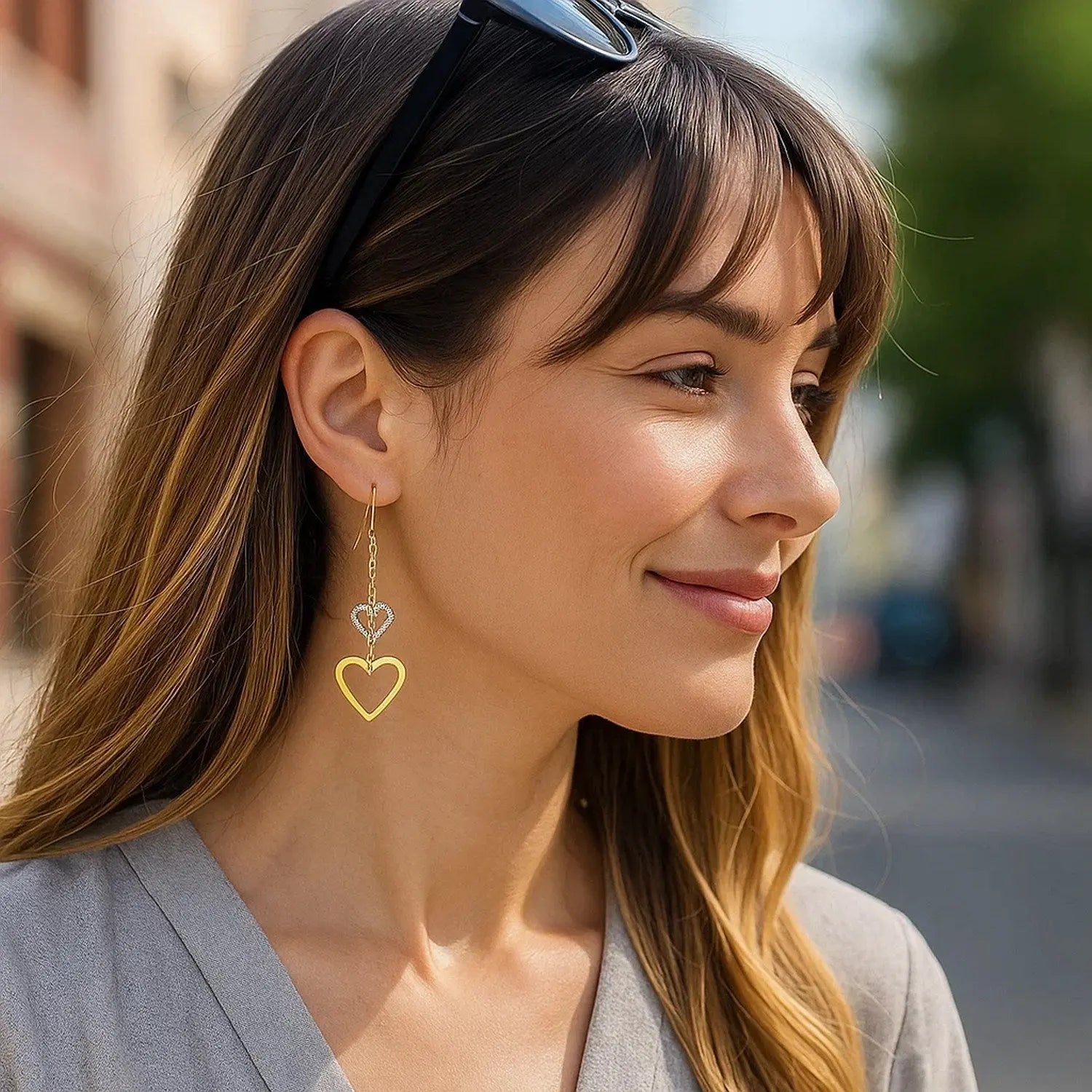 10k Two-Tone Gold Cutout Heart Chain Dangling Earrings RCJ