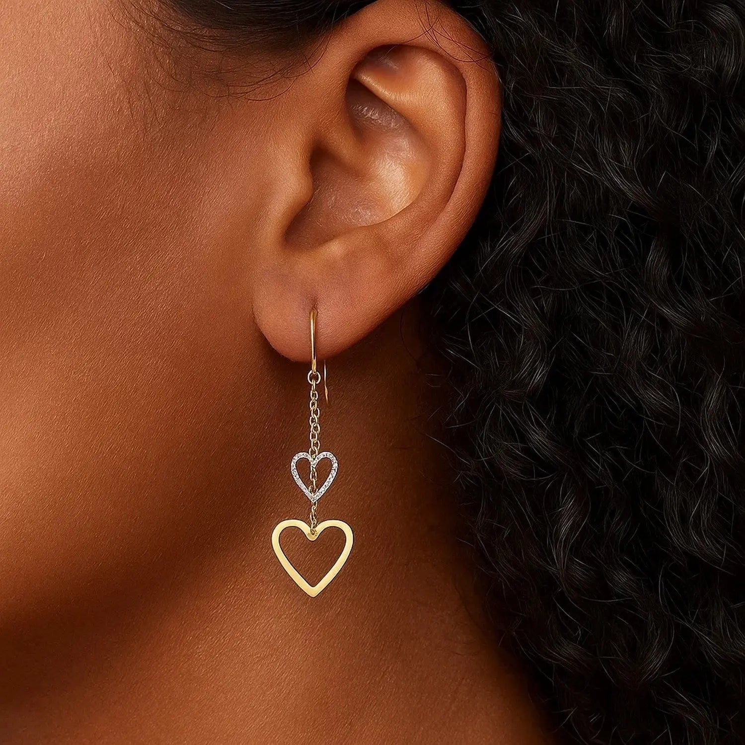 10k Two-Tone Gold Cutout Heart Chain Dangling Earrings RCJ