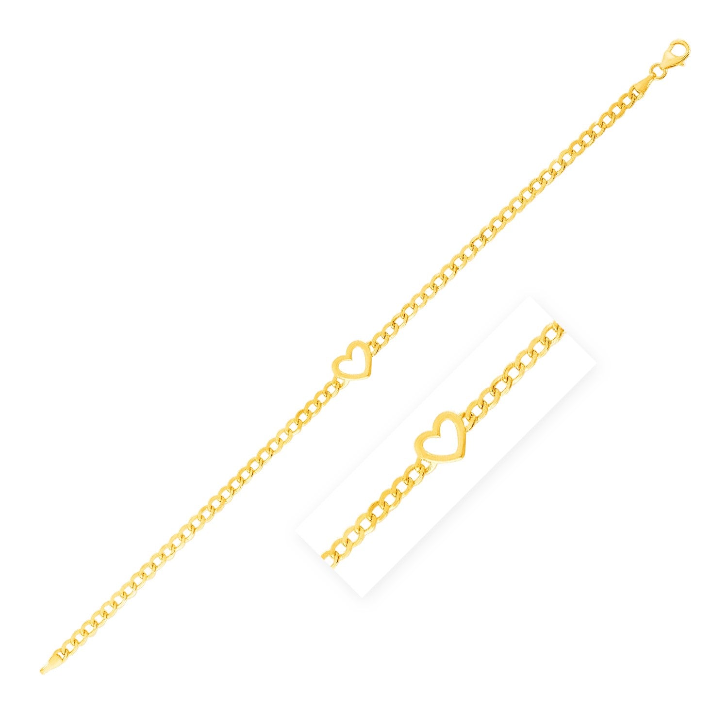 14k Yellow Gold 7 inch Curb Chain Bracelet with Heart (3.40 mm) Bracelets RCJ