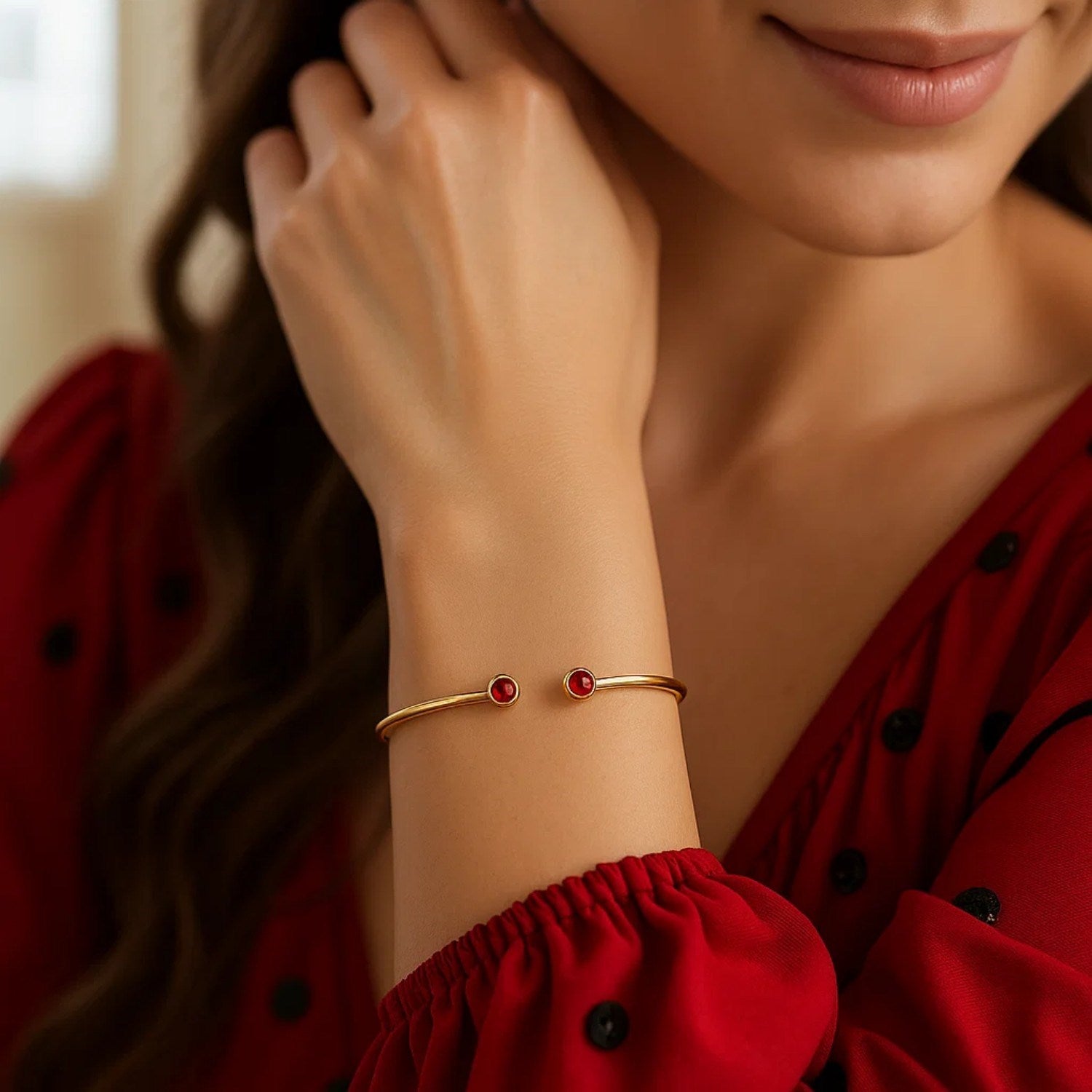 14K Yellow Gold Garnet Open Cuff Bangle (2.00 mm) Bangles RCJ