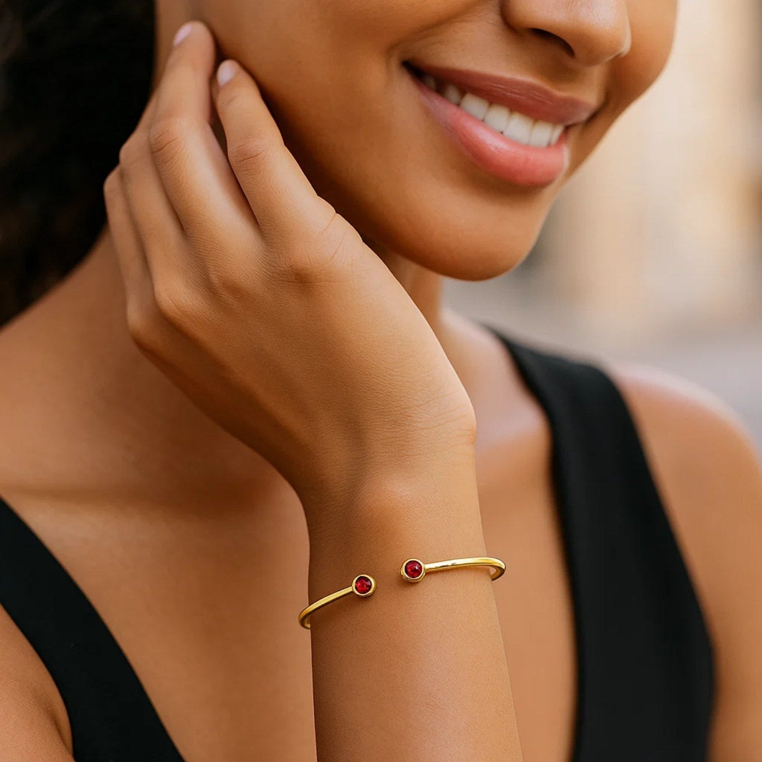 14K Yellow Gold Garnet Open Cuff Bangle (2.00 mm) Bangles RCJ