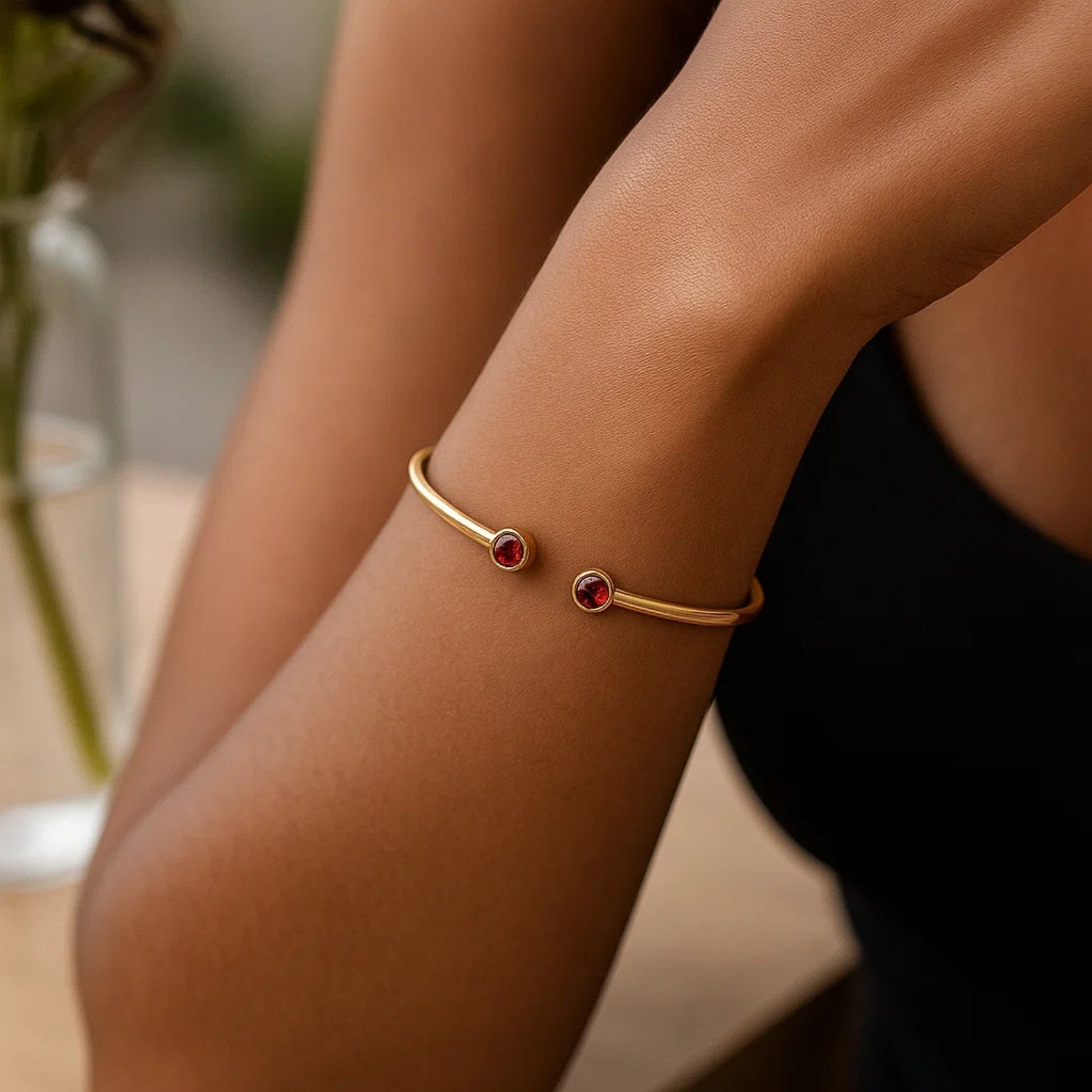 14K Yellow Gold Garnet Open Cuff Bangle (2.00 mm) Bangles RCJ
