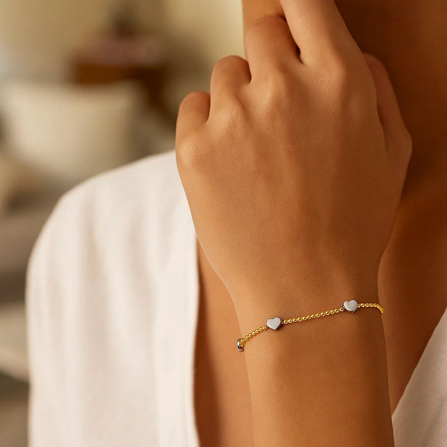 14K Yellow and White Gold Heart Bead Bracelet Bracelets RCJ