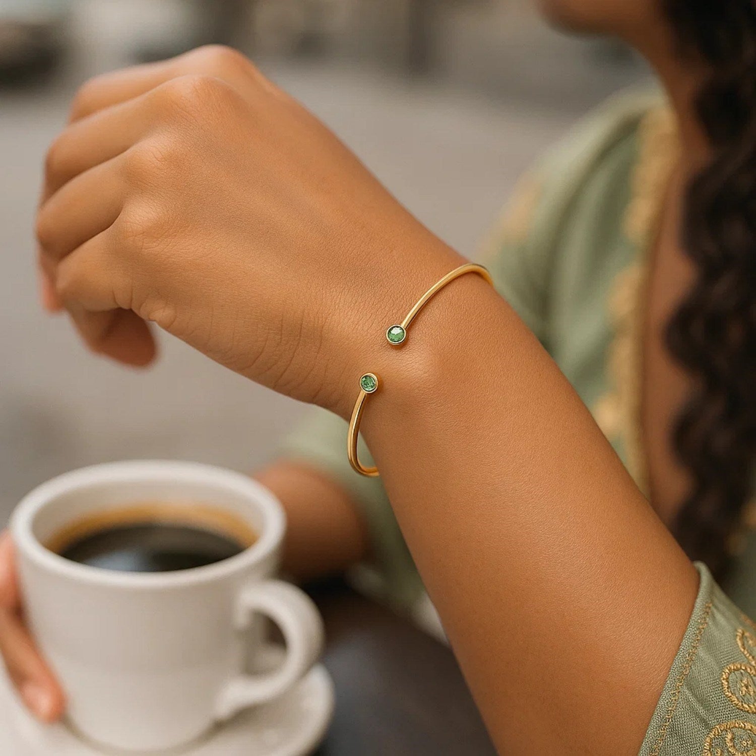 14K Yellow Gold Peridot Open Cuff Bangle (2.00 mm) Bangles RCJ