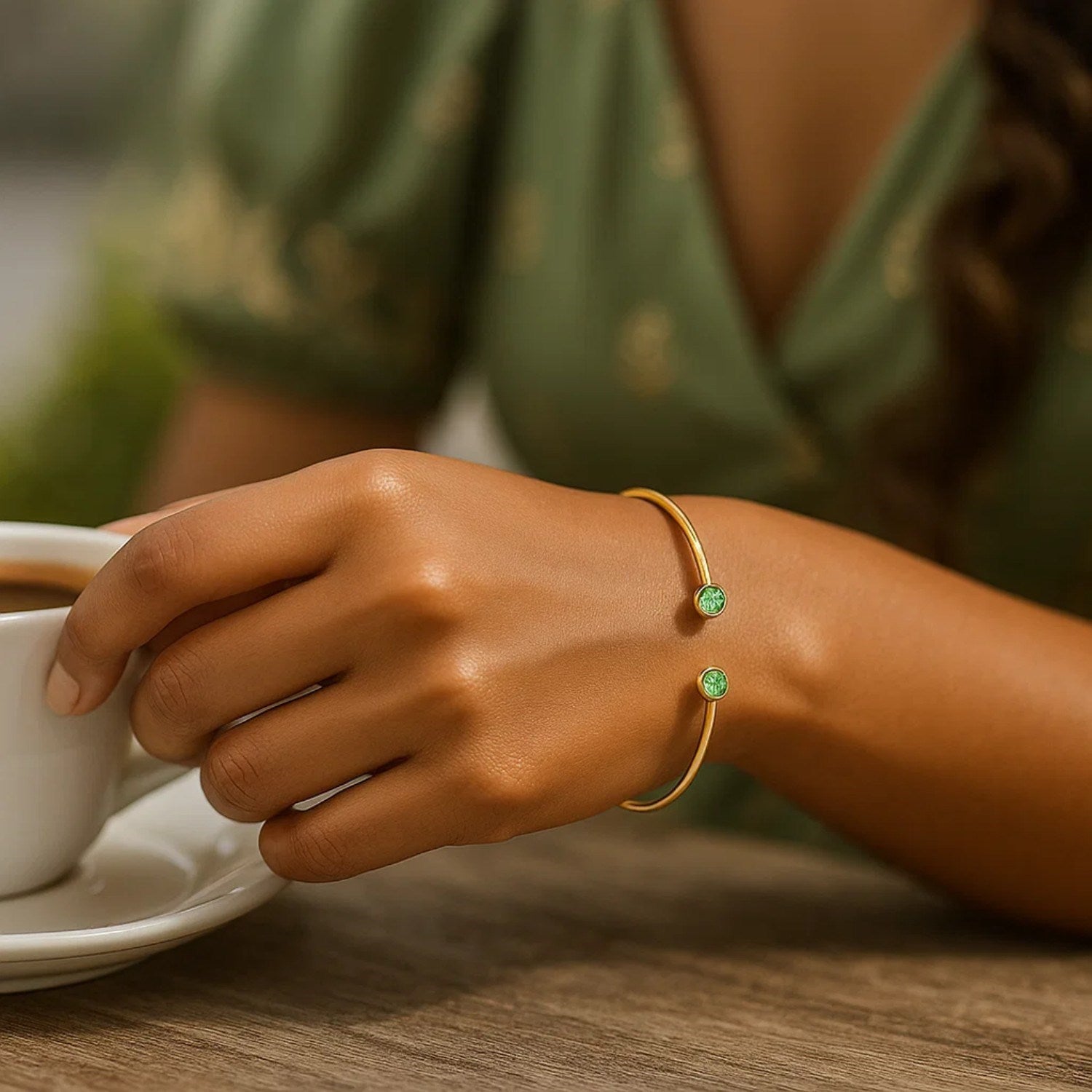 14K Yellow Gold Peridot Open Cuff Bangle (2.00 mm) Bangles RCJ