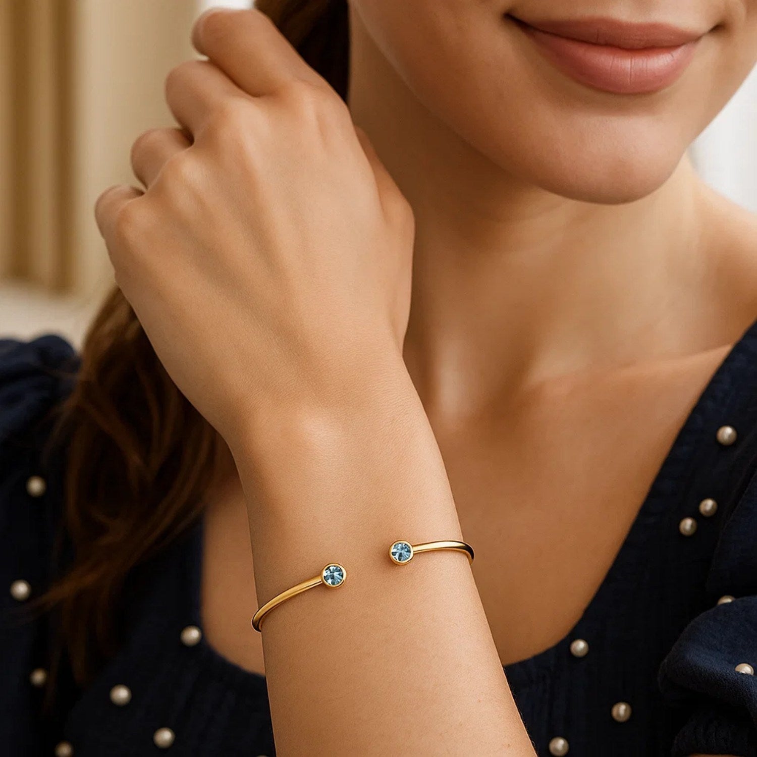 14K Yellow Gold Blue Topaz Open Cuff Bangle (2.00 mm) Bangles RCJ