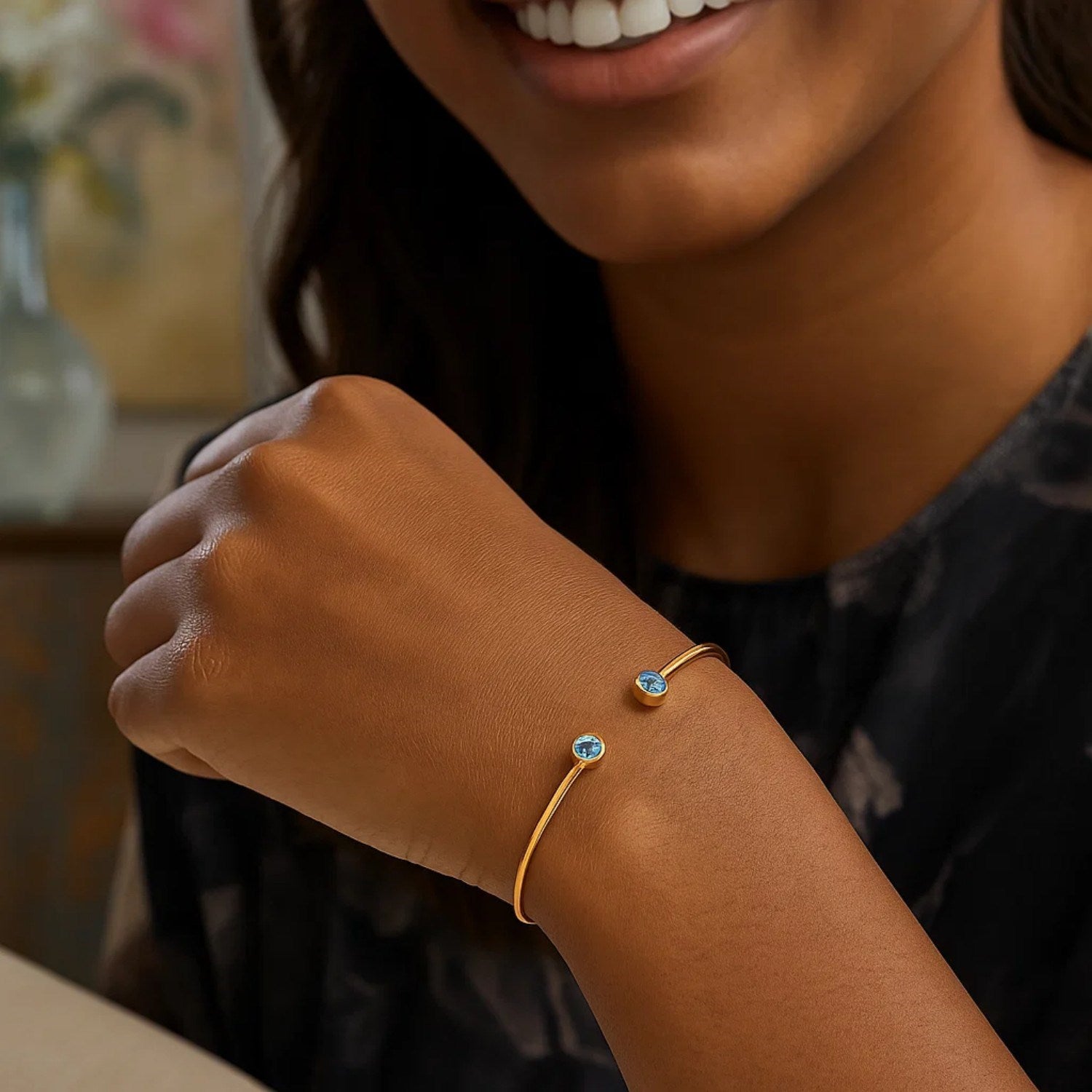 14K Yellow Gold Blue Topaz Open Cuff Bangle (2.00 mm) Bangles RCJ