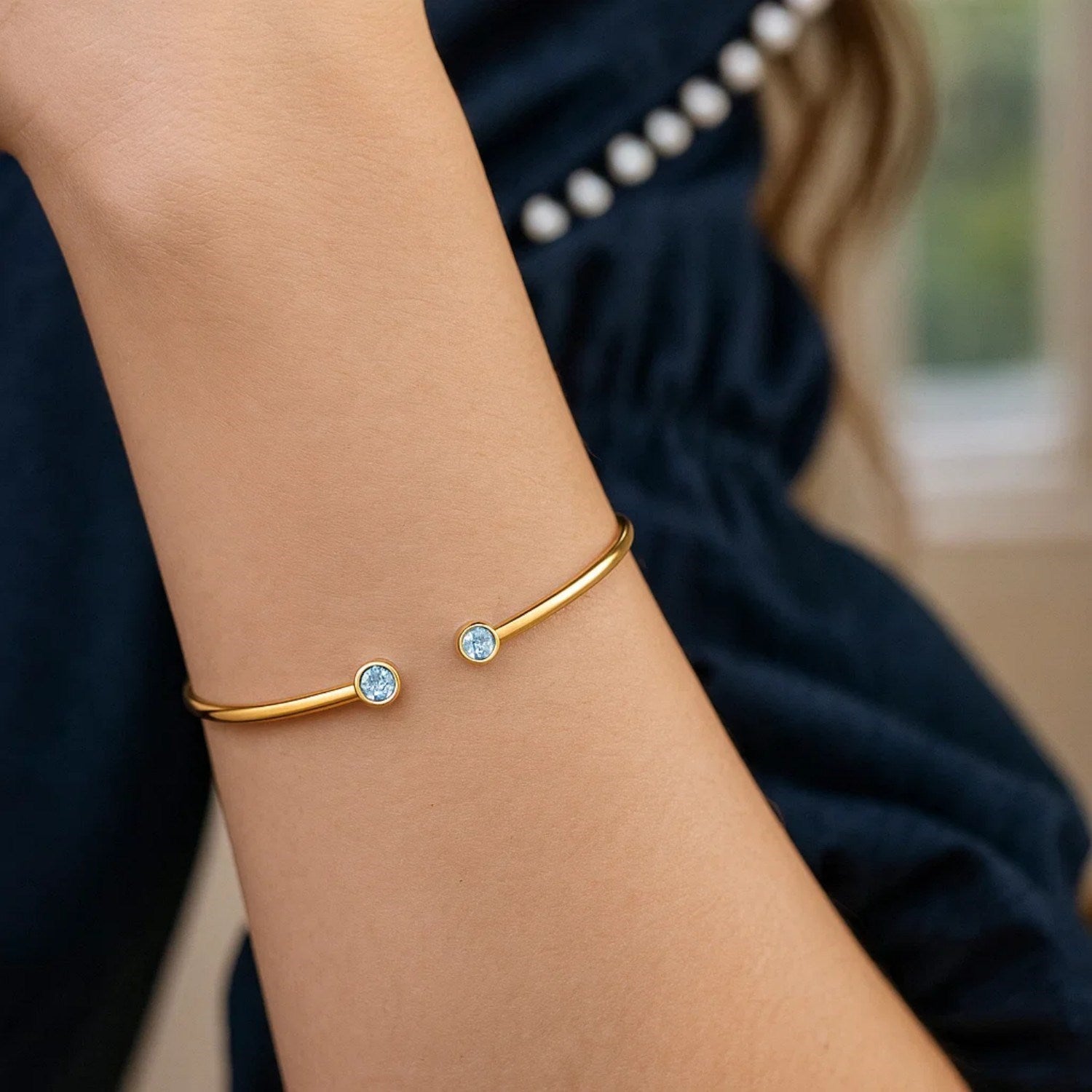 14K Yellow Gold Blue Topaz Open Cuff Bangle (2.00 mm) Bangles RCJ