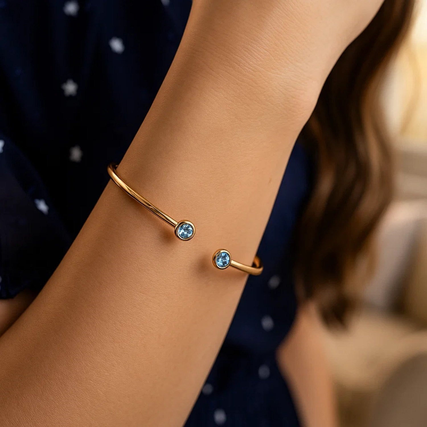 14K Yellow Gold Blue Topaz Open Cuff Bangle (2.00 mm) Bangles RCJ