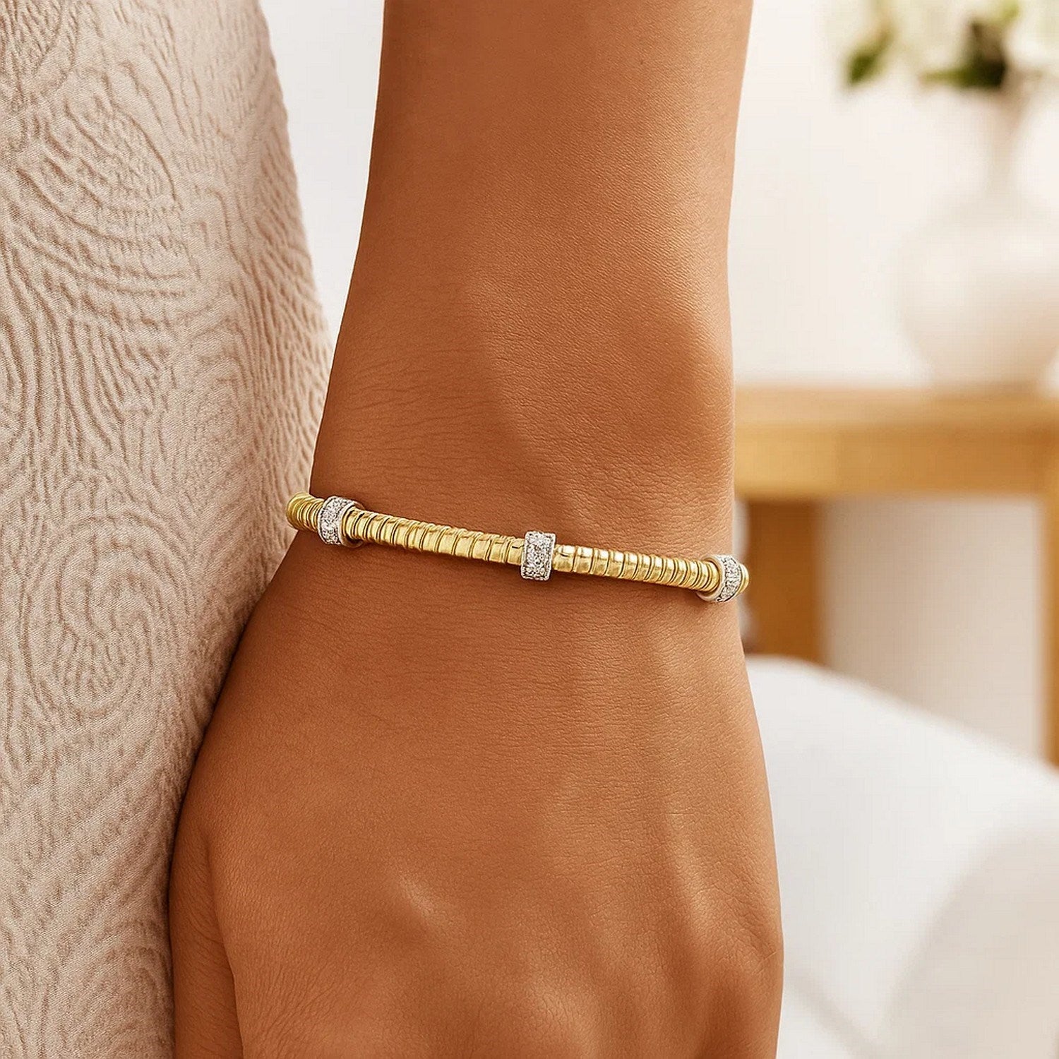 14K Yellow Gold Diamond Triple Station Tubogas Cuff Bracelets RCJ