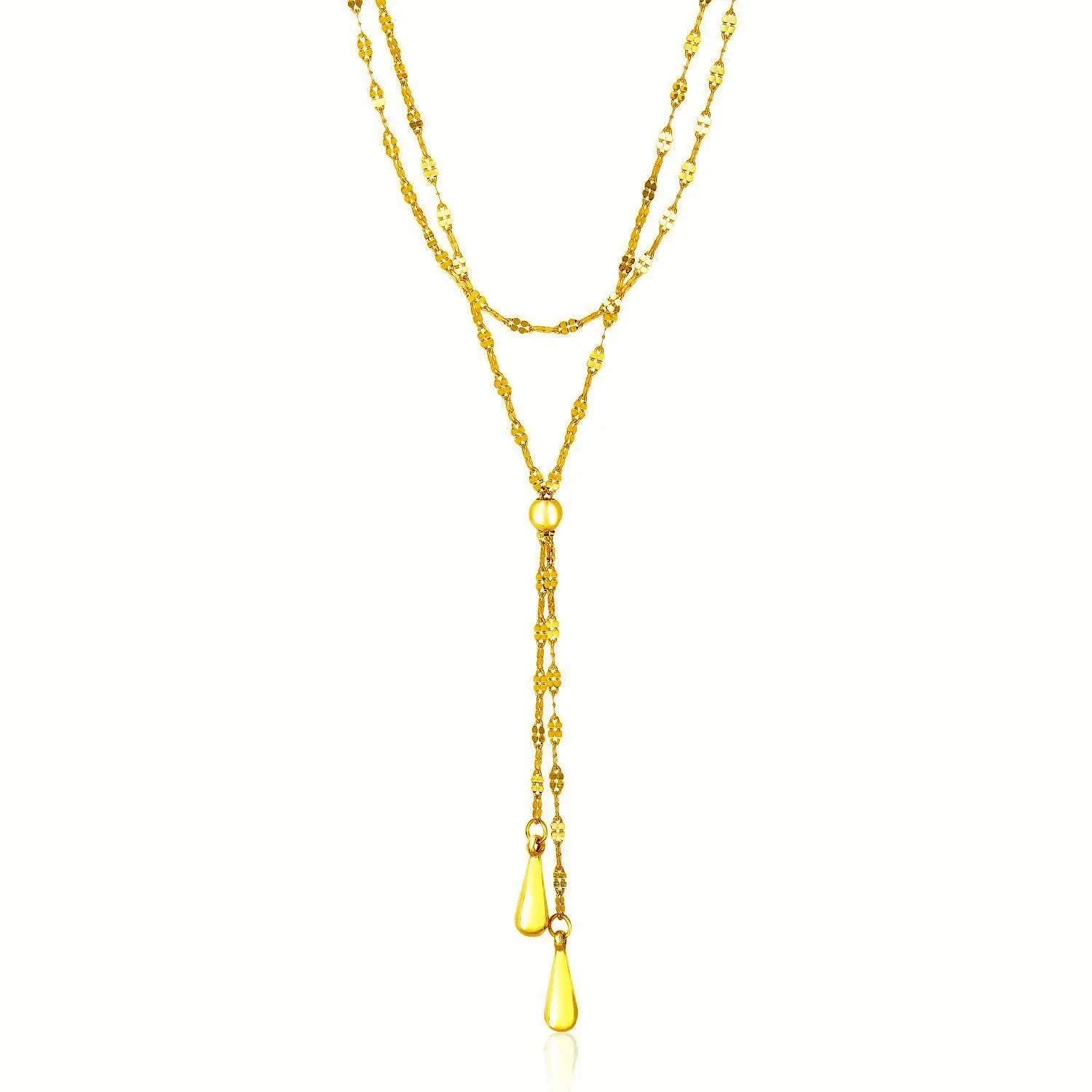 Double Strand Chain with Puffed teardrops Lariat Necklace in 14K Yellow Gold RCJ