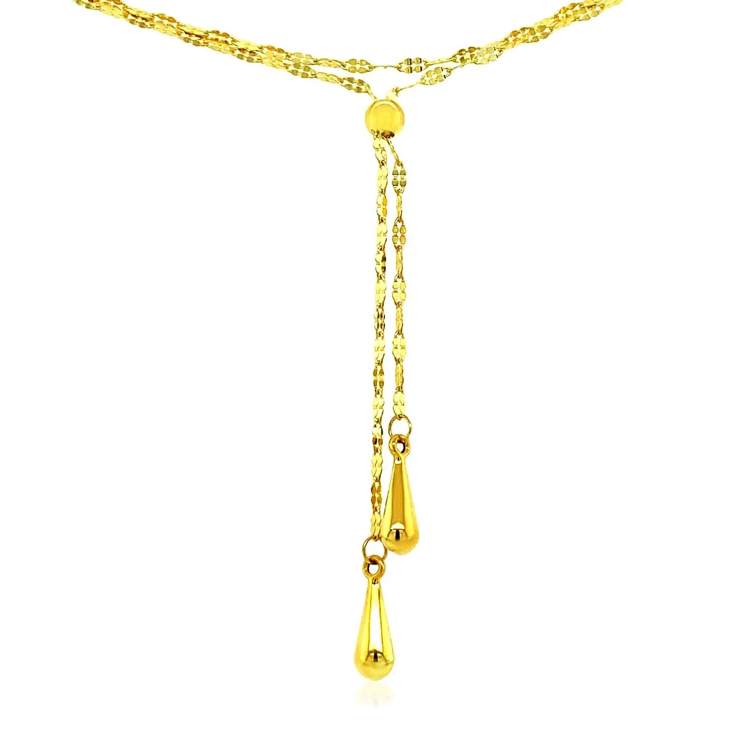 Double Strand Chain with Puffed teardrops Lariat Necklace in 14K Yellow Gold RCJ