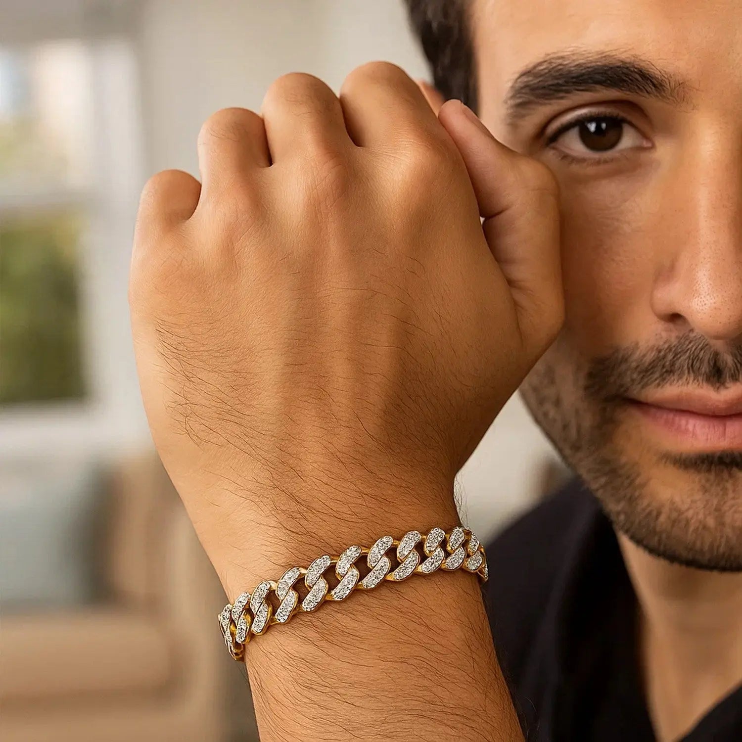 Curb Chain Bracelet with Diamond Pave Links in 14K Two Tone Gold RCJ