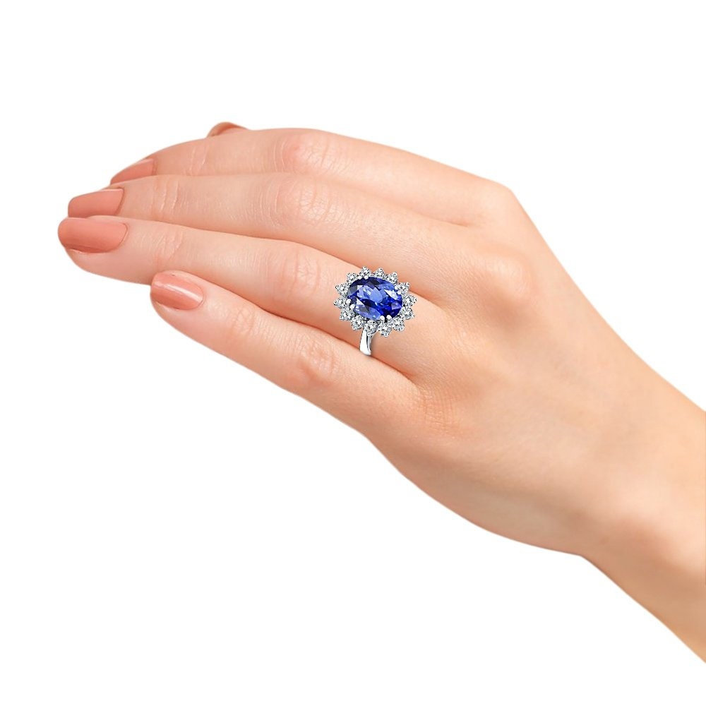 Princess Diana Inspired 3.00CTW AGI Certified G/VS Lab-Grown Sapphire and Diamond Halo Ring in 14K White Gold-2